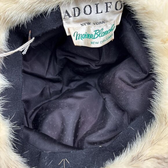 Vintage Adolfo Fur Hat Womens S Curly Lambs Wool Fur Trim Designer New York - Picture 8 of 8